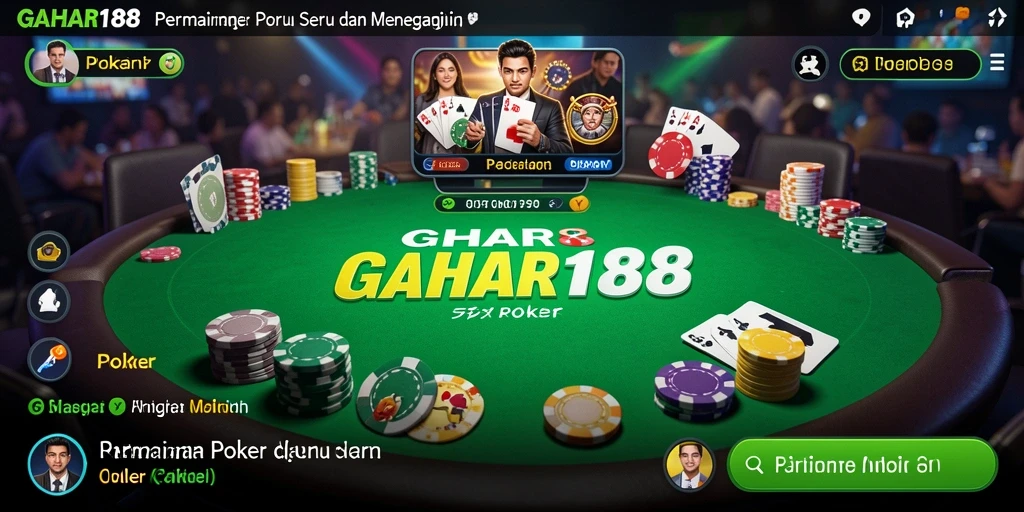 Antarmuka GAHAR188 yang menampilkan meja poker dan pemain yang bersaing.