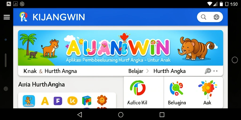 Antarmuka ceria aplikasi KIJANGWIN untuk belajar huruf dan angka.