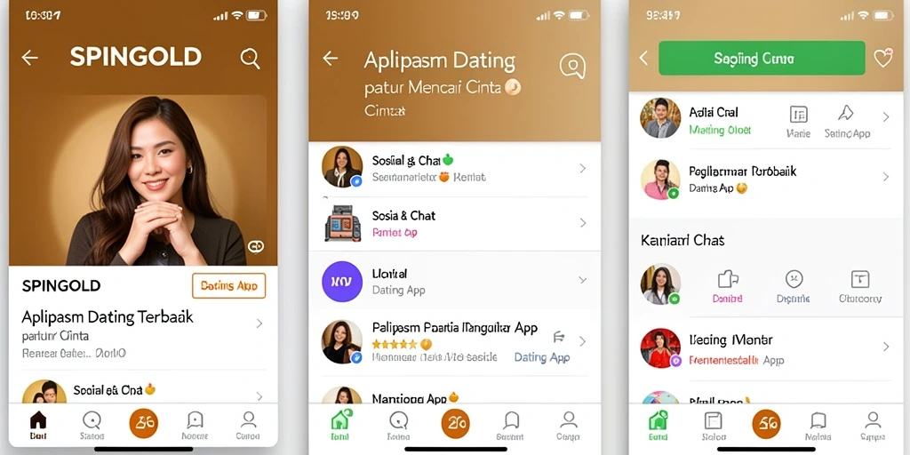 Tampilan antarmuka SPINGOLD yang modern dan menarik untuk pengguna Dating App.